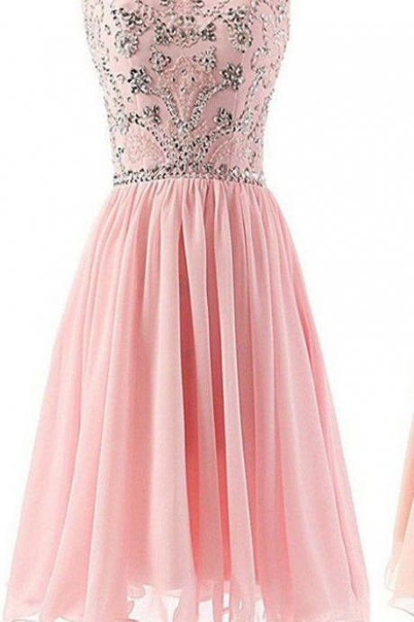 Blush Pink Beaded Chiffon Cute Graduation Dresses, Homecoming Prom Dresses