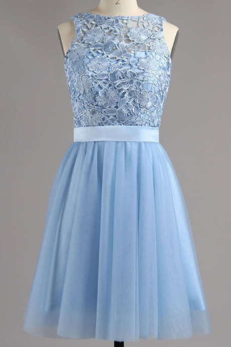 Light Blue Lace Appliques Homecoming Dress With Sash