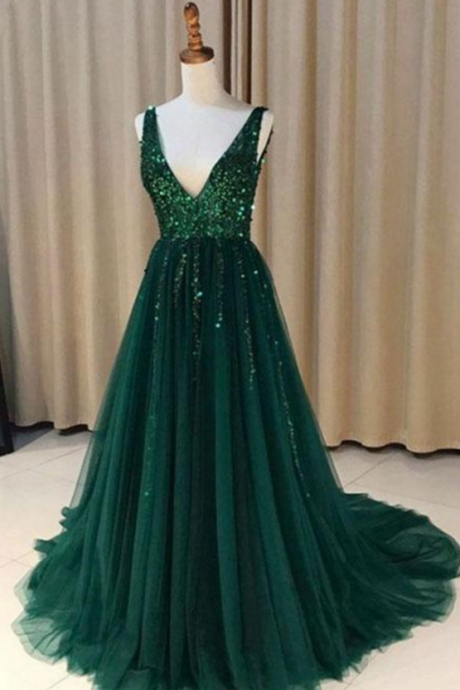 Emerald Green Prom Dresses Long Sexy Open Back Evening Dress A Line Formal Women Party Gowns
