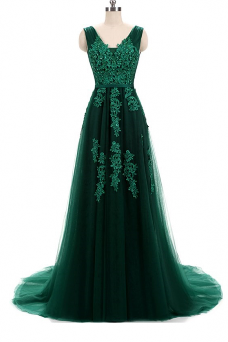 Hunter Green Lace Applique Tulle Prom Dresses Featuring V Neck And Lace-up -- Sexy Formal Dress, Party Dresses