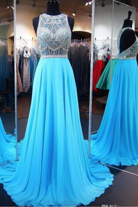 Light Blue Formal Dresses Sheer Neck Long Chiffon Evening Prom Gowns With Beaded Bodice
