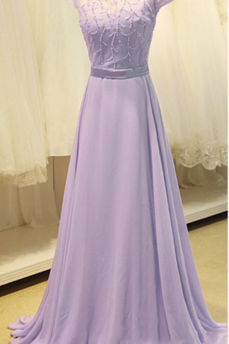 Lavender Short Sleeves Chiffon Long Prom Dress With Illusion Bateau Neckline
