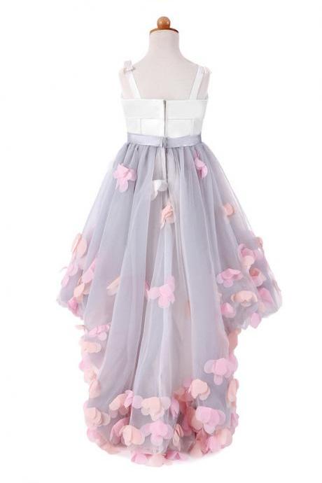 Flower Girl Dresses For Wedding Short Front Long Back Satin With Tulle Appliques Straps Party Bll Gown