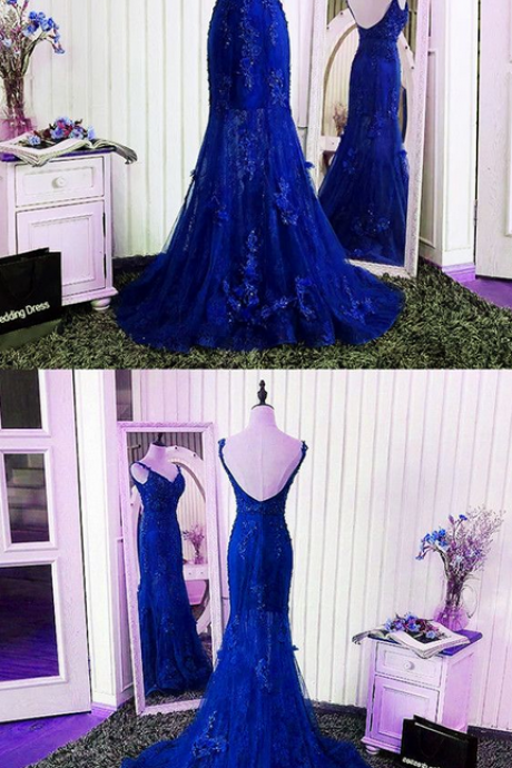 Gorgeous V- Neck Open Back Lace Evening Dresses Mermaid Prom Gowns