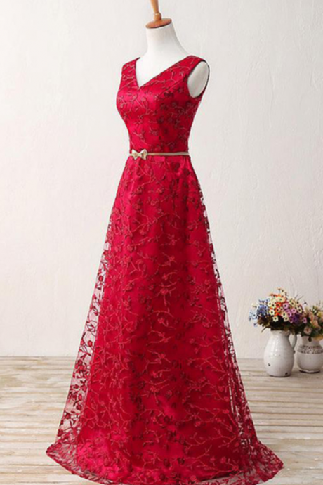 Stylish V Neck Red Lace Long Prom Dress With Gold Sash