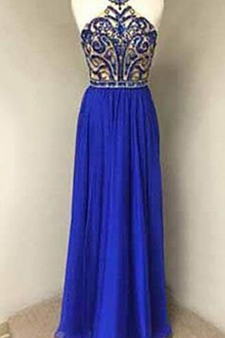 Navy Blue Chiffon Sequins Halter Long Dresses,evening Dresses For Prom
