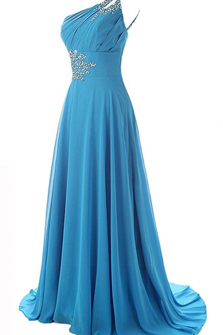 Chiffon Sky Blue Evening Dresses One Shoulder Prom Party Dress Robe De Soiree Formal Gowns