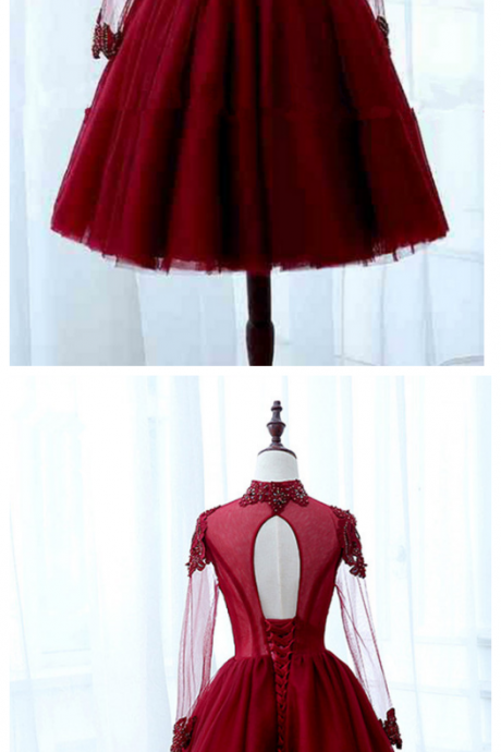 Homecoming Dress,cocktail Dress,homecoming Dresses,dress For Homecoming, Design Of Turtle Neck Long Sleeve Lace Up Open Knee Tiny Red Dress