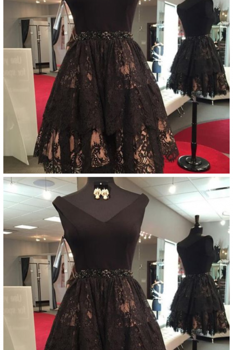 Black Short Lace Homecoming Dresses With Beading, Vintage Dresses For Freshman Homecoming