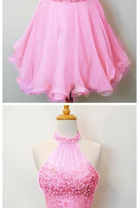 Short Colorful Homecoming Dress,two Pieces Homecoming Dress,open Back Homecoming Dress, High Neck Homecoming Dress