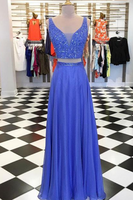Blue Two Pieces Beads Long Prom Dress