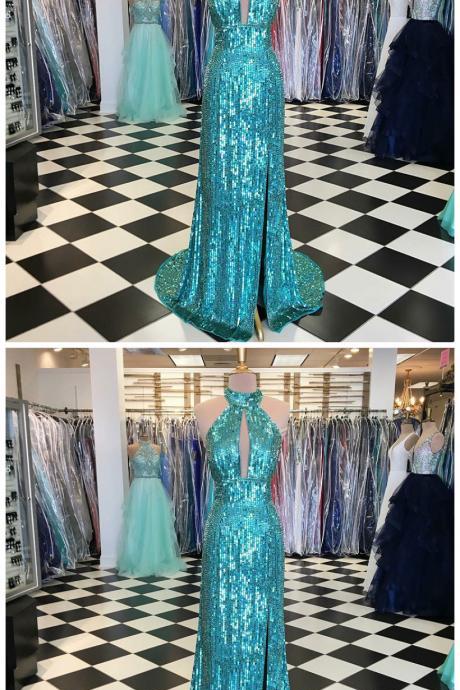 Mermaid High Neck Keyhole Sweep Train Turquoise Sequin Prom Dress