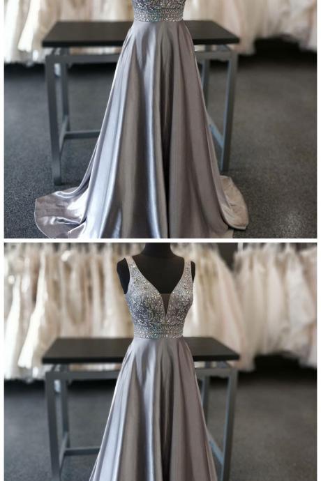 A-line V-neck Sweep Train Grey Beaded Prom Dress