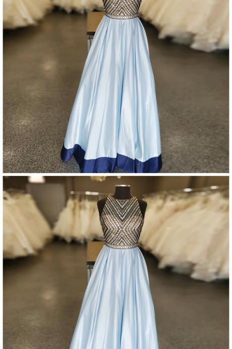 A-line Round Neck Floor-length Light Blue Beaded Prom Dress