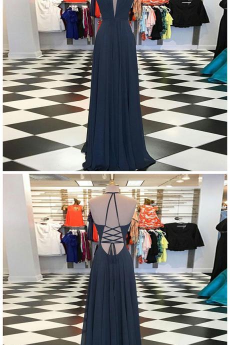 A-line V-neck Sweep Train Navy Blue Chiffon Prom Dress