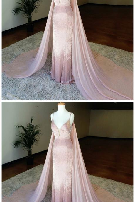Shiny Spaghetti Straps Sheath Pink Sequined Prom Dress With Cloak