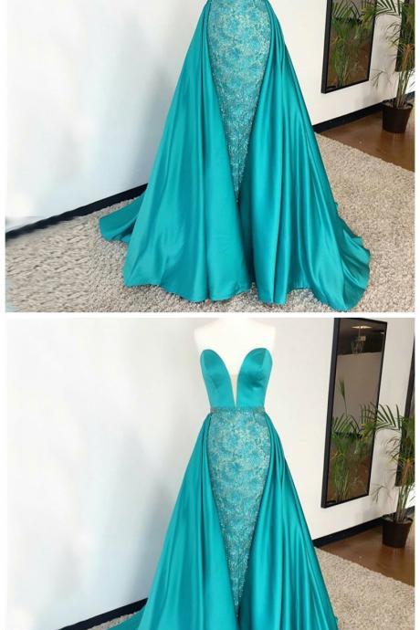 Sweetheart Sheath Floor-length Beaded Turquoise Prom Dress With Tail