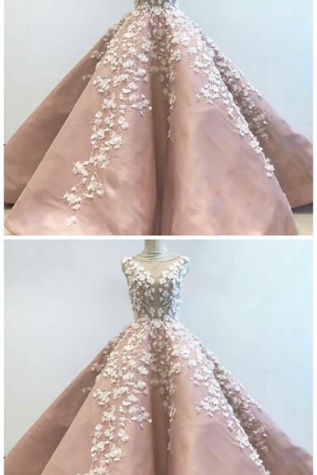 Ball Gown Round Neck Long Pink Prom Dress With Appliques