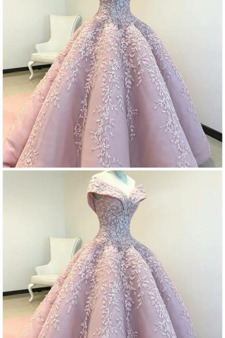Off The Shoulder Ball Gown Pink Long Prom Dress With Appliques