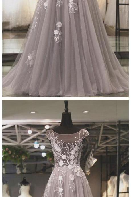 Light Gray Tulle Lace Applique Long Prom Dress, Gray Evening Dress,backless Party Dress