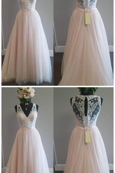 Lace Top Light Pink Tulle V Neck Charming Long Prom Dresses