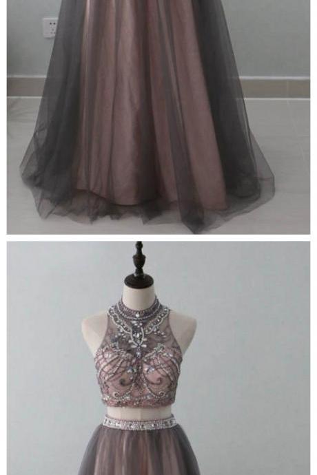 2 Pieces Popular Charming Beaded Tulle Inexpensive Long Prom Dresses