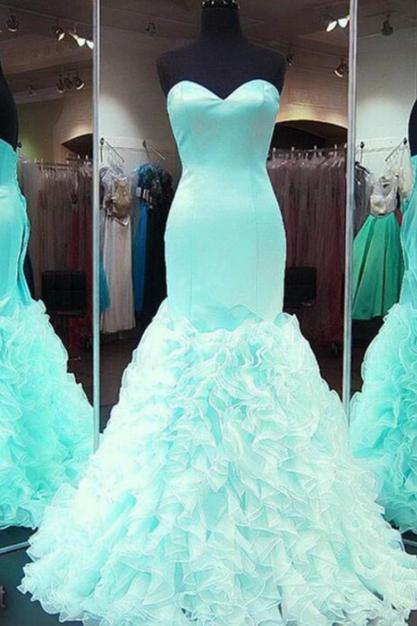 Sweetheart Satin Ruffles Organza Formal Prom Gowns Seniors Evening Dresses Custom Made Mint Mermaid Prom Dresses