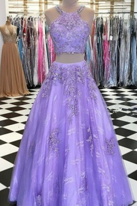 Charming Lavender Two Pieces Prom Dresses Halter Beaded Appliques Formal Evening Party Gowns Real Images Customized