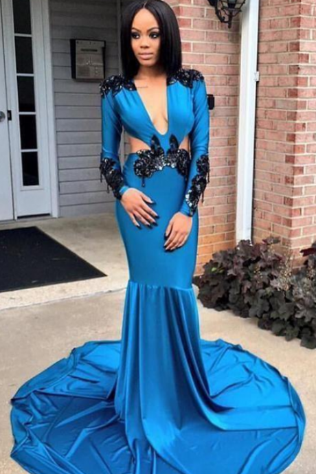 Blue Prom Dresses,Chiffon Prom Dress,backless Prom Gown,Beaded Prom ...