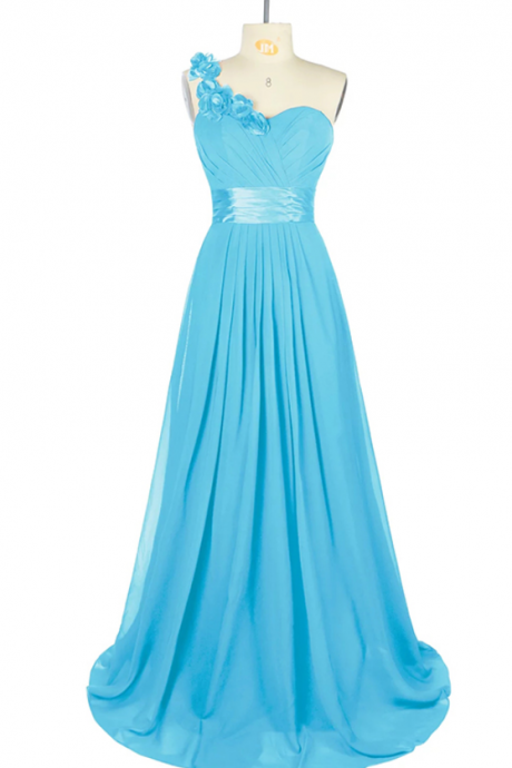 Light Blue Long Chiffon Floral One Shoulder Formal Party Dress ,long Elegant Prom Dresses