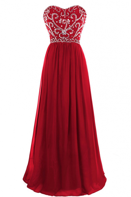 Red Long Chiffon A-line Formal Dress Featuring Beaded Bodice And Lace-up Back,long Elegant Prom Dresses