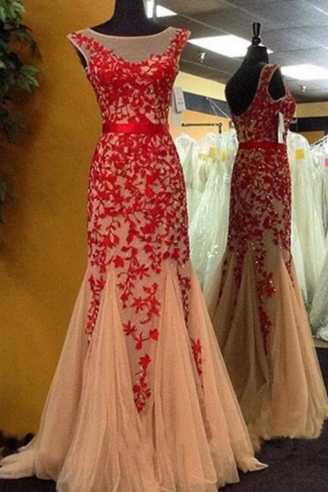 Mermaid Red Prom Dress,tulle Prom Dress,sexy Prom Dress,lace Evening Dress,sexy Prom Dress,red Lace Prom Gown,long Prom Dresses