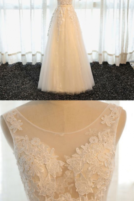High Quality A Line Champagne Tulle Lace Long Prom Dress, Evening Dress