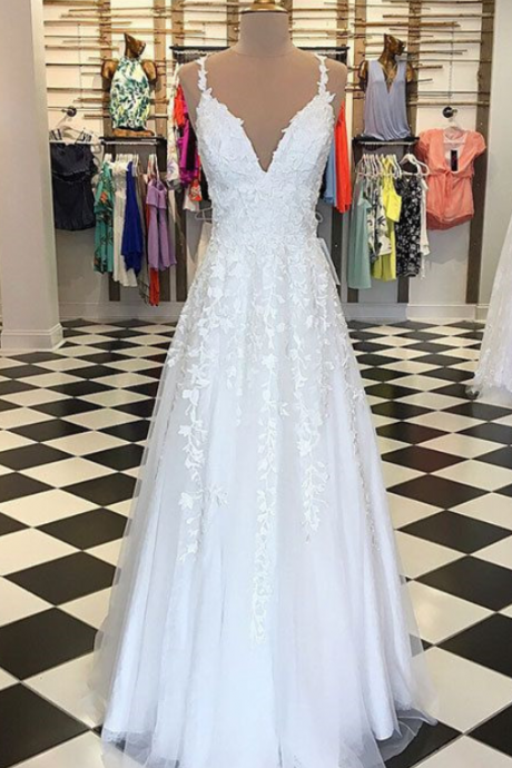 White V Neck Lace Tulle Long Prom Dress, White Evening Dress