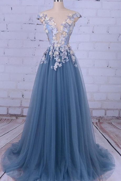 A Line Long Tulle Prom Dresses with Applique
