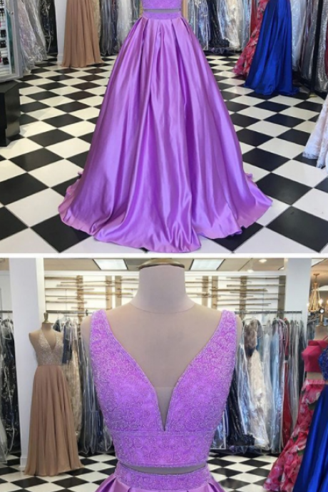 Two Piece V-Neck Sweep Train Lilac Beaded Prom Dress