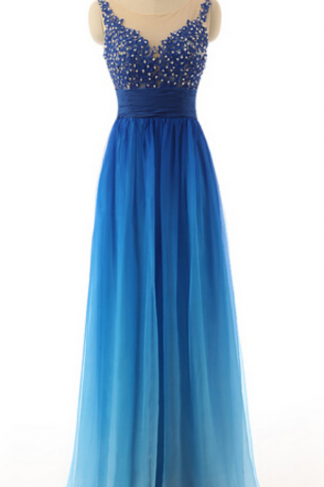 Lace Appliqués Mesh Sleeveless Floor Length Gradient A-line Formal Dress, Prom Dress