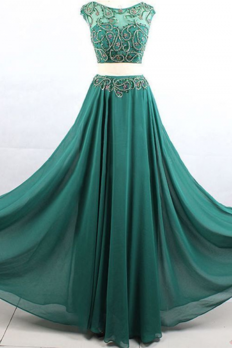 Two Piece Prom Dresses Green, Long Party Dresses A-line, Scoop Neck Formal Dresses Chiffon, Tulle Evening Dresses Beading