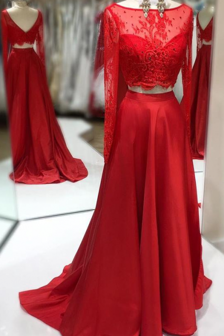 Long Sleeves 2 Piece Red Lace Back V Long Prom Dresses Party Gowns