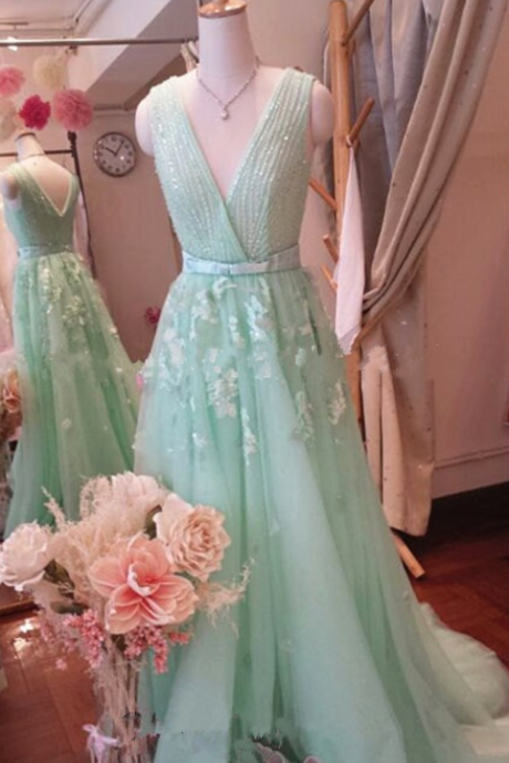 Custom Made Mint Green Chiffon Prom Dress,appliques Evening Dress,v-neck Party Dress,chiffon Prom Dress,high Quality