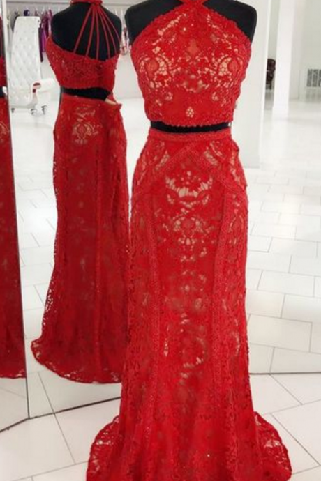 Halter Two Piece Red Prom Dress With Lace Appliques