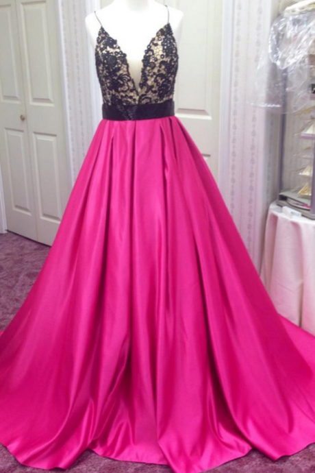 Custom Made Pink Floor Length Satin A-line Prom Dress With Plunge V-neckline And Lace Applique Bodice