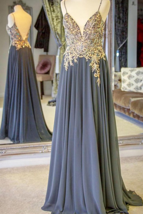 Beaded Chiffon Evening Dress Spaghetti Straps Long Prom Dresses With Appliques