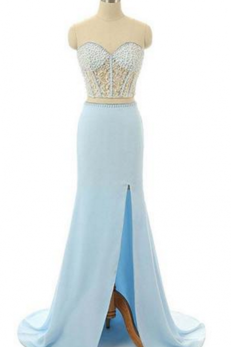 Elegant Mermaid Sweetheart Chiffon Sweep Train Split Front Light Sky Blue Prom Dresses