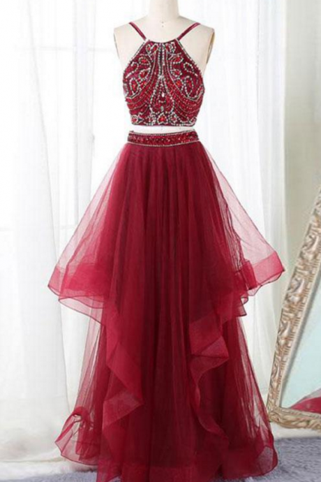 Burgundy Two-piece Tulle Beaded Prom Dress,backless Evening Dress