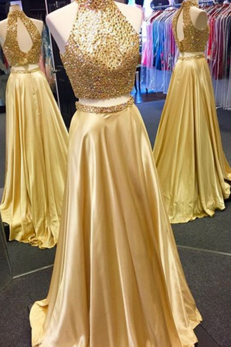 Two Piece Prom Dress,sparkly Beaded Long Prom Dress,gold Evening Dress