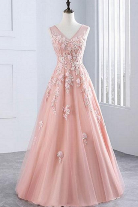Pink V Neck Tulle Lace Long Prom Dress, Pink Evening Dress