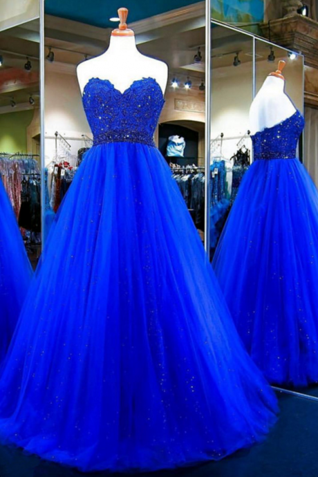 Long Tulle Ball Gowns,royal Blue Evening Dress,sweetheart Prom Gowns,top Lace Royal Blue Long Tulle Prom Dress,a Line Long Tulle Royal Blue