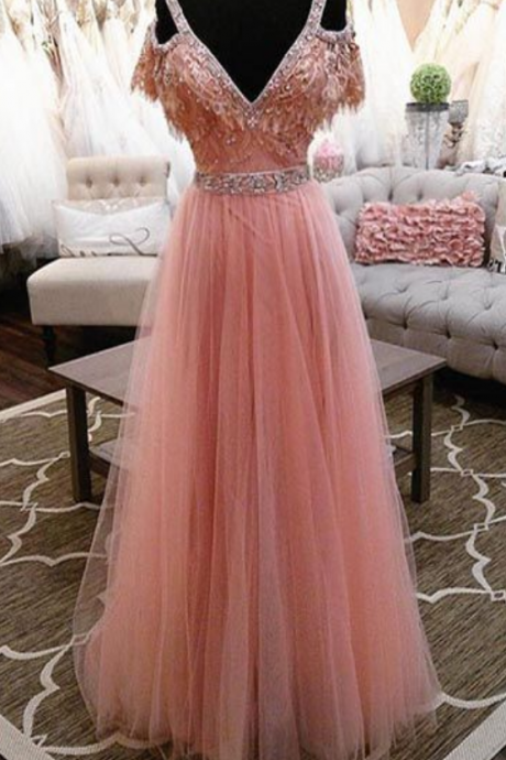 Luxurious A-line Prom Dress,off-shoulder V-neck Pink Prom Dresses,tulle Long Prom Dress With Beading