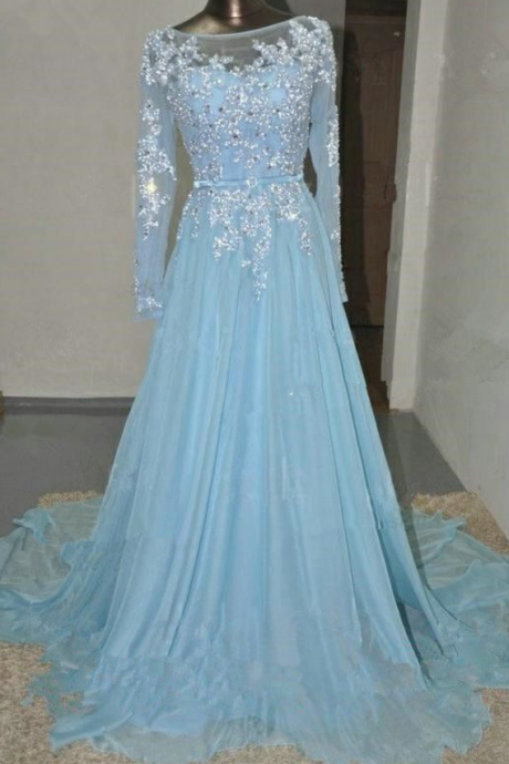 Pretty Light Blue Chiffon Long Prom Dress With Applique And Beadings, Prom Dresses,formal Dresses, Evening Dresses